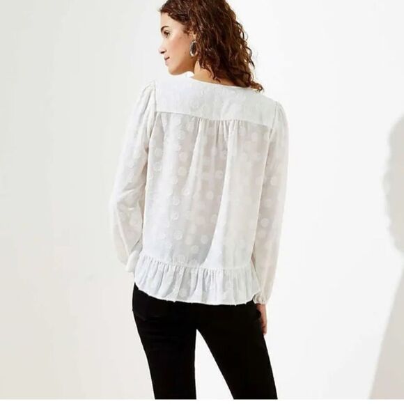 White Shimmer Floral Blouse Split Neck Sz Med LOFT - Picture 11 of 12